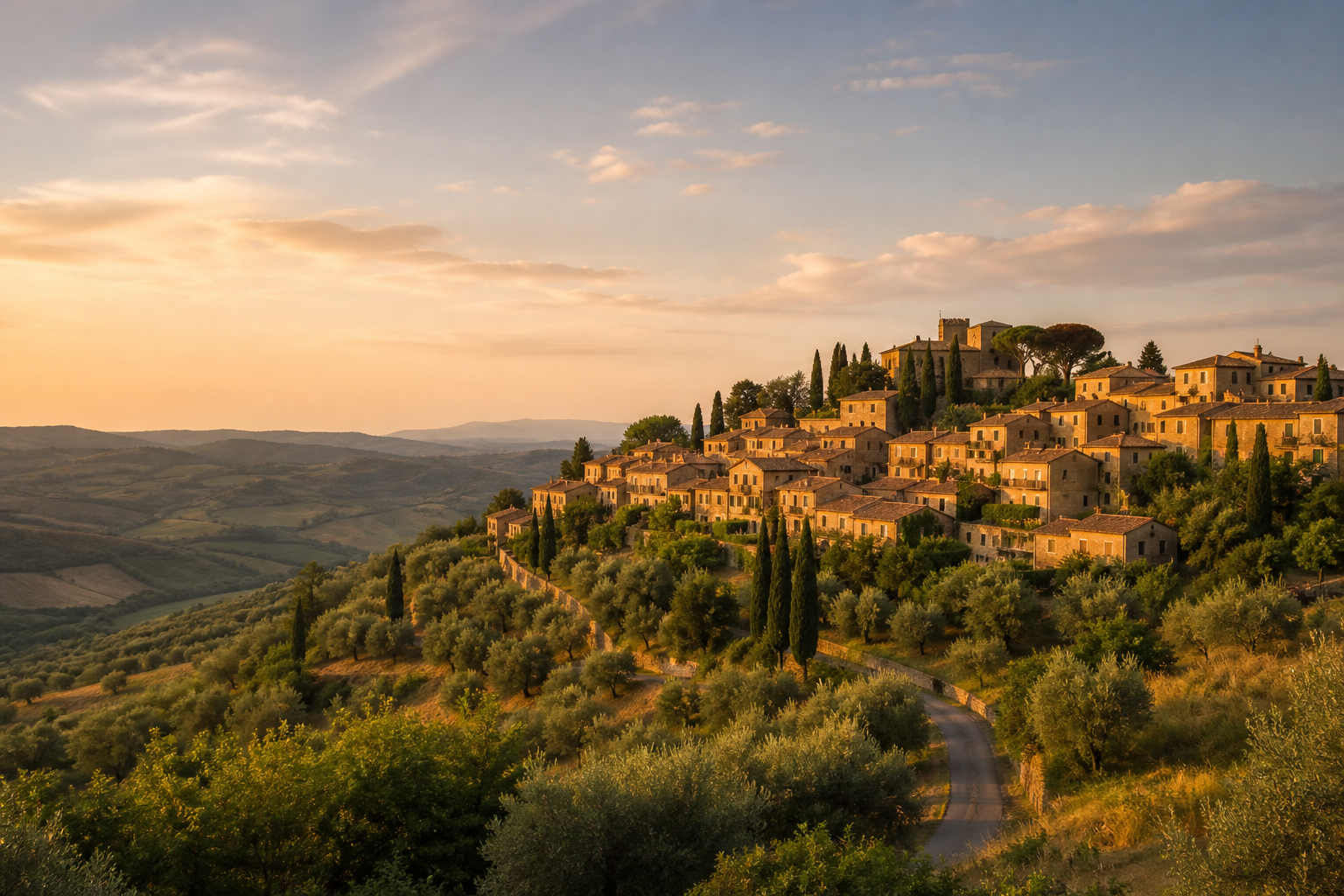 Borgo italiano tra colline, uliveti e cipressi al tramonto