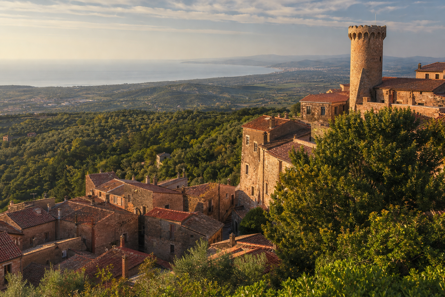 Campiglia Marittima vista dall’alto con il borgo medievale e la costa toscana