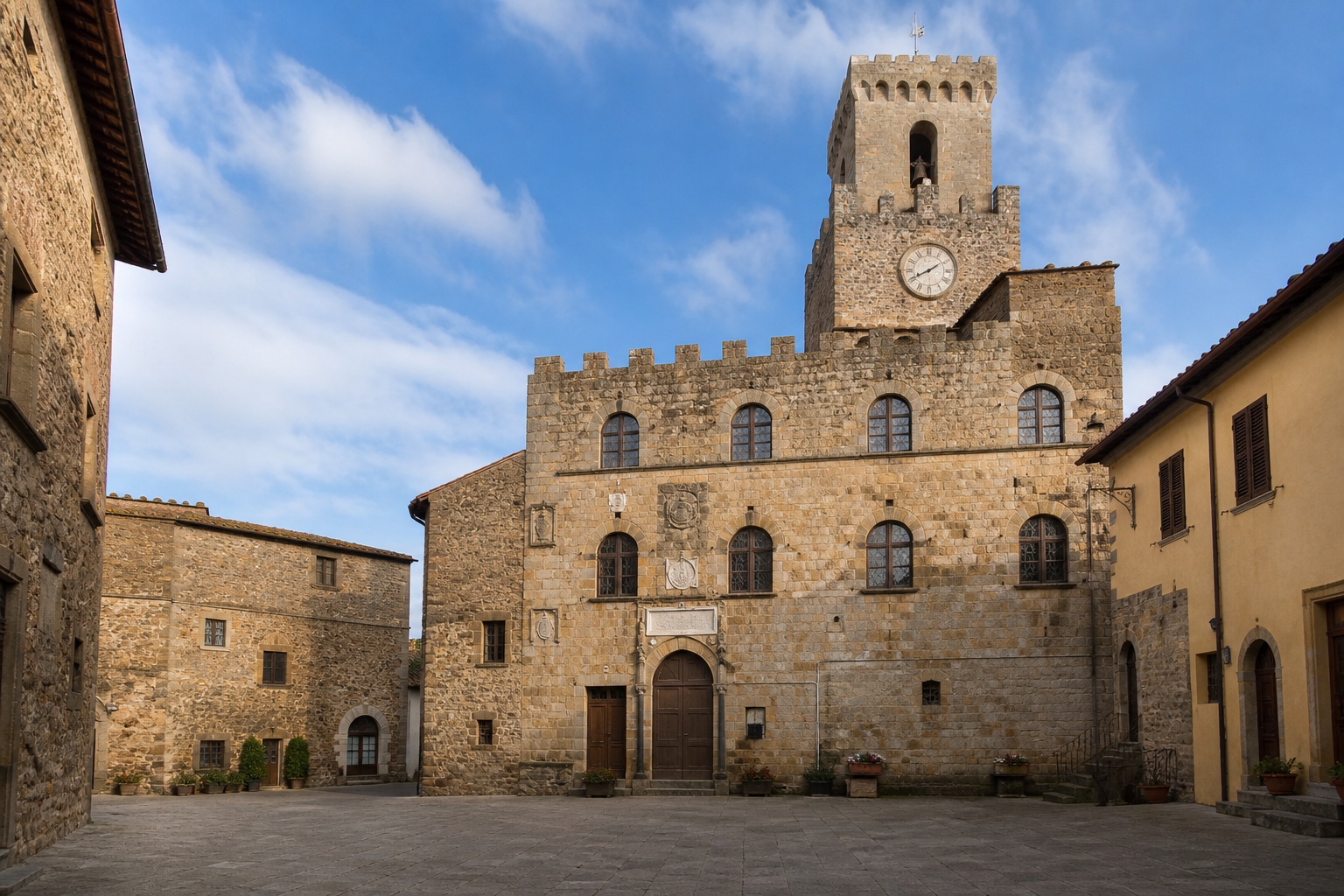 Palazzo Pretorio di Campiglia Marittima con facciata in pietra e torre dell’orologio