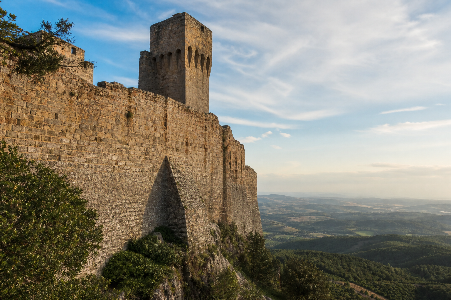 Rocca di Campiglia Marittima con mura in pietra e panorama sulla Val di Cornia