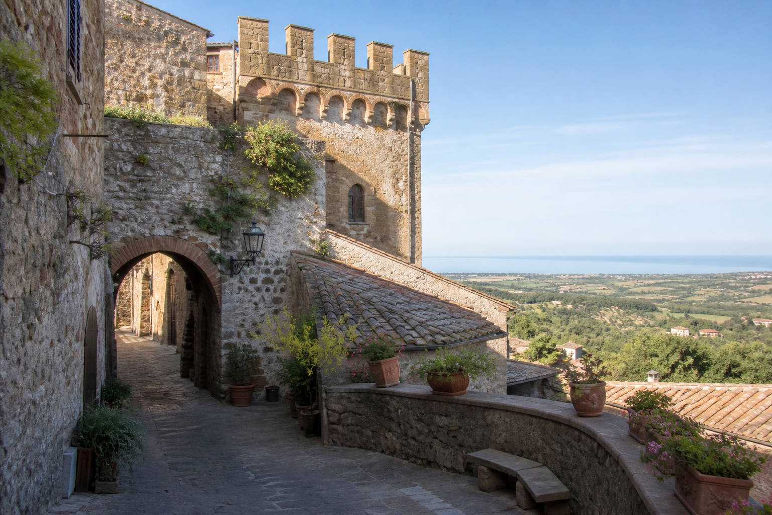 Vicolo e terrazza panoramica nel centro storico di Castagneto Carducci