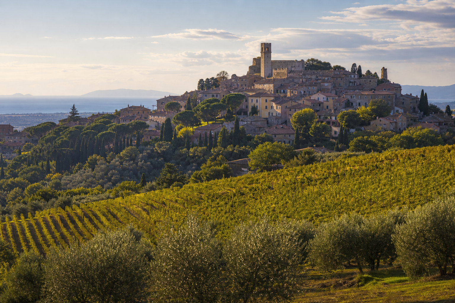Panorama di Castagneto Carducci tra vigneti uliveti e mare