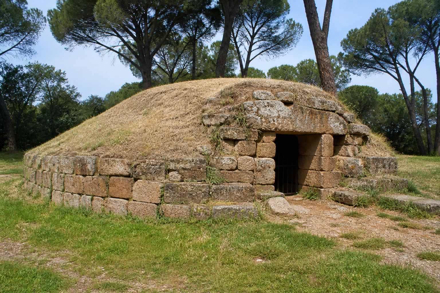 Tomba a tumulo etrusca tra i pini nel Parco archeologico di Baratti e Populonia