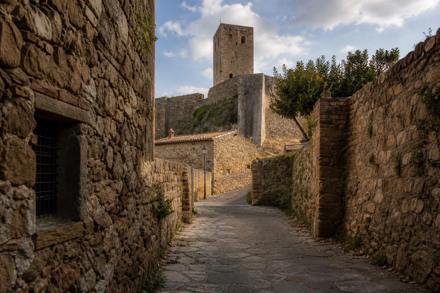 Vicolo medievale di Populonia Alta che conduce verso la Rocca e la torre