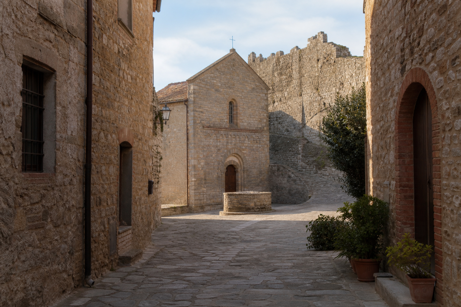 Vicolo in pietra nel centro storico di Sassetta vicino alla chiesa