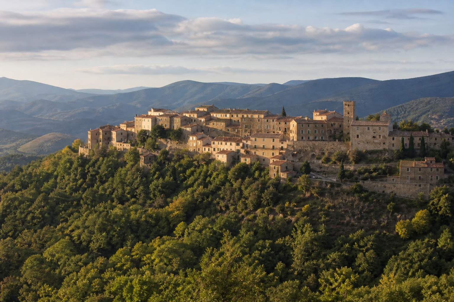Panorama del borgo di Sassetta circondato dai boschi della Val di Cornia