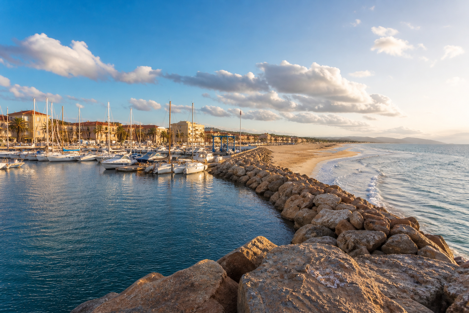 Porto turistico e spiaggia di San Vincenzo al tramonto