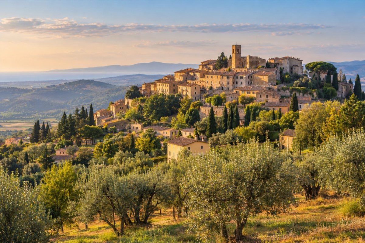Panorama del borgo medievale di Bibbona tra oliveti e colline toscane
